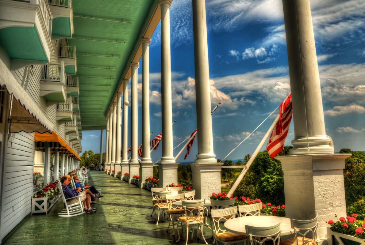 The front porch of the historic Grand Hotel on Mackinac Island.